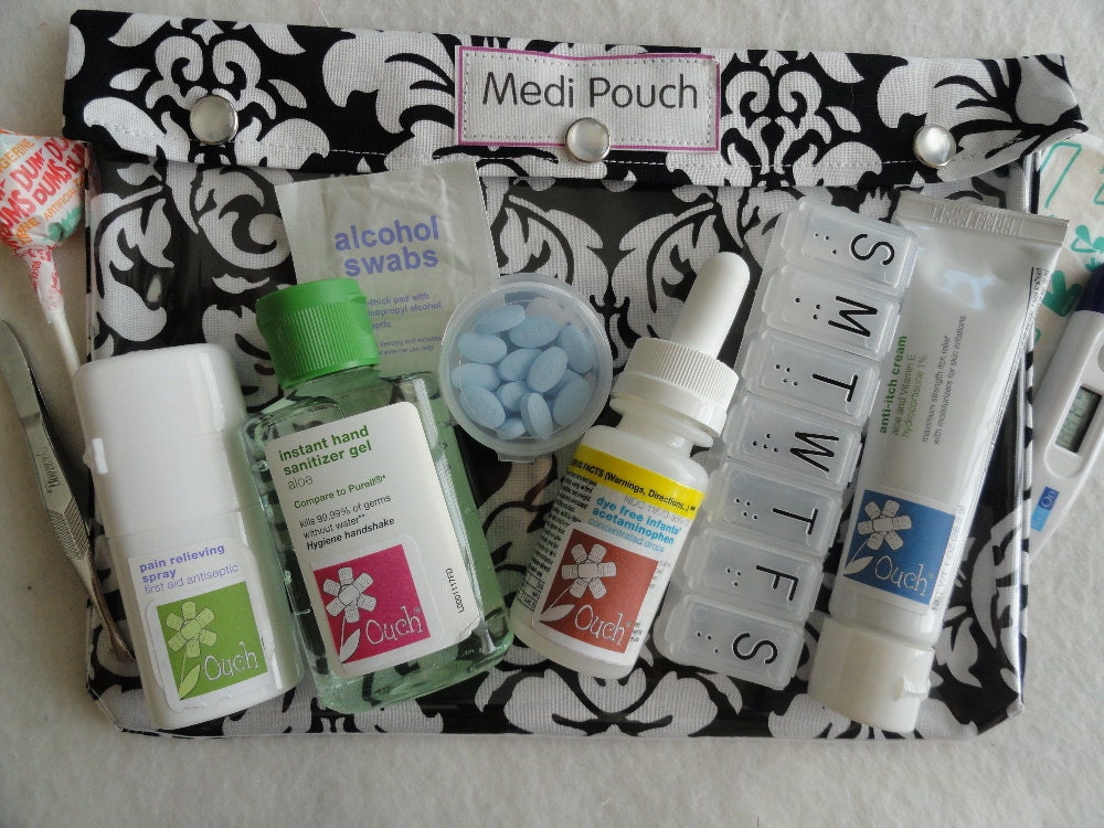 XL Medi-Pouch Clear Travel Organizer Inhaler Epi Pens Diabetes First Aid Diaper Wipes (7x9 Miller Black Damask Fabric) Unique Get Well Gift