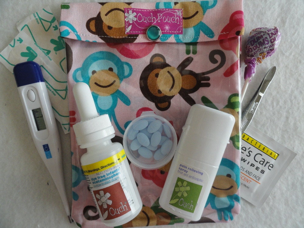 Medium Ouch PouchTM First Aid Organizer for Diaper Bag Purse Kiss Baby's Boo Boo's Away ( 5x7 Pink Monkeys by Ann Kelle Fabric)
