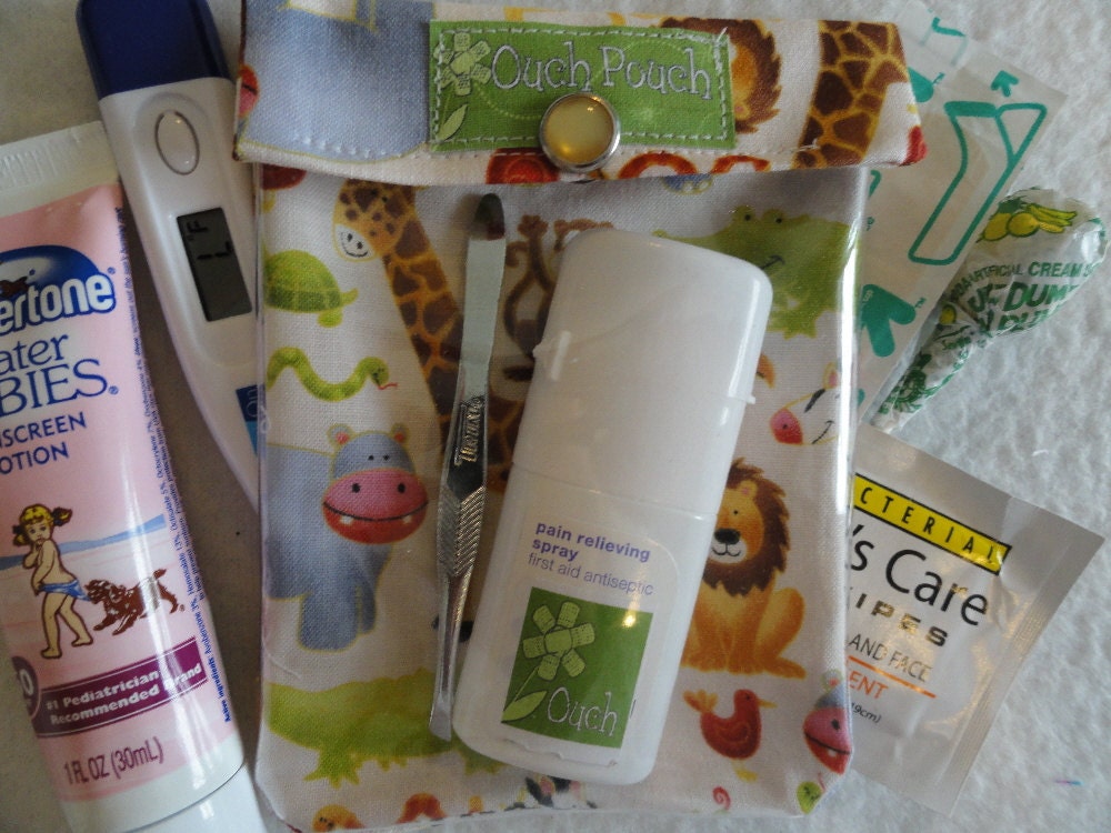 Small Ouch PouchTM Clear First Aid Travel Organizer for Diaper Bag Purse New Mom Baby Toddler ( 4x5 Jungle Baby Fabric)