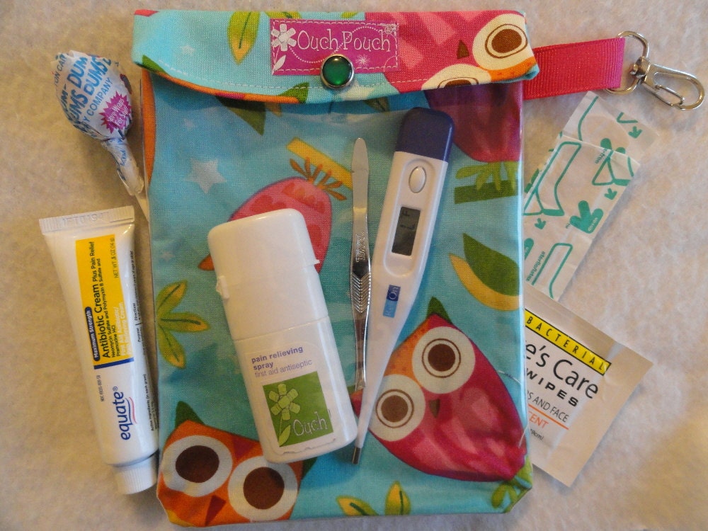 Medium Ouch Pouch TM w/ CLIP Attachment First Aid Organizer for Diaper Bag Car Purse (5x7 Aqua Owls Fabric) New Mom Shower Gift