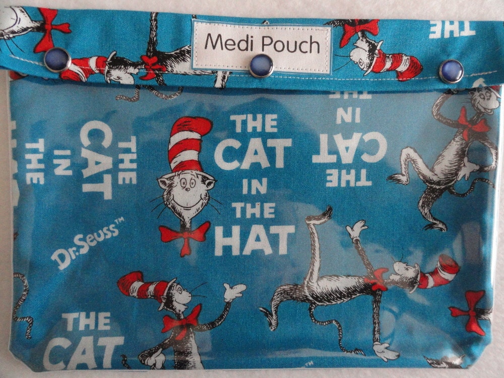 XL Medi Pouch Clear Front Organizer for School Travel Medications Inhaler Diabetes/ EpiPens First Aid (7x9 Cat in the Hat Fabric)