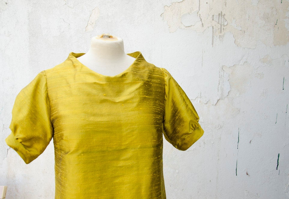 Mustard Yellow Dress in Silk with raised neckline and puffy sleeves