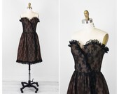 vintage lace dress / prom dress / Brown and Black Lace Victor Costa Strapless Prom Dress