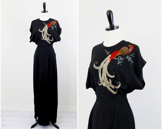 r e s e r v e d - 1930s dress / CEIL CHAPMAN dress / Black 30s 40s Gown with Elaborately Hand Beaded Phoenix Bird