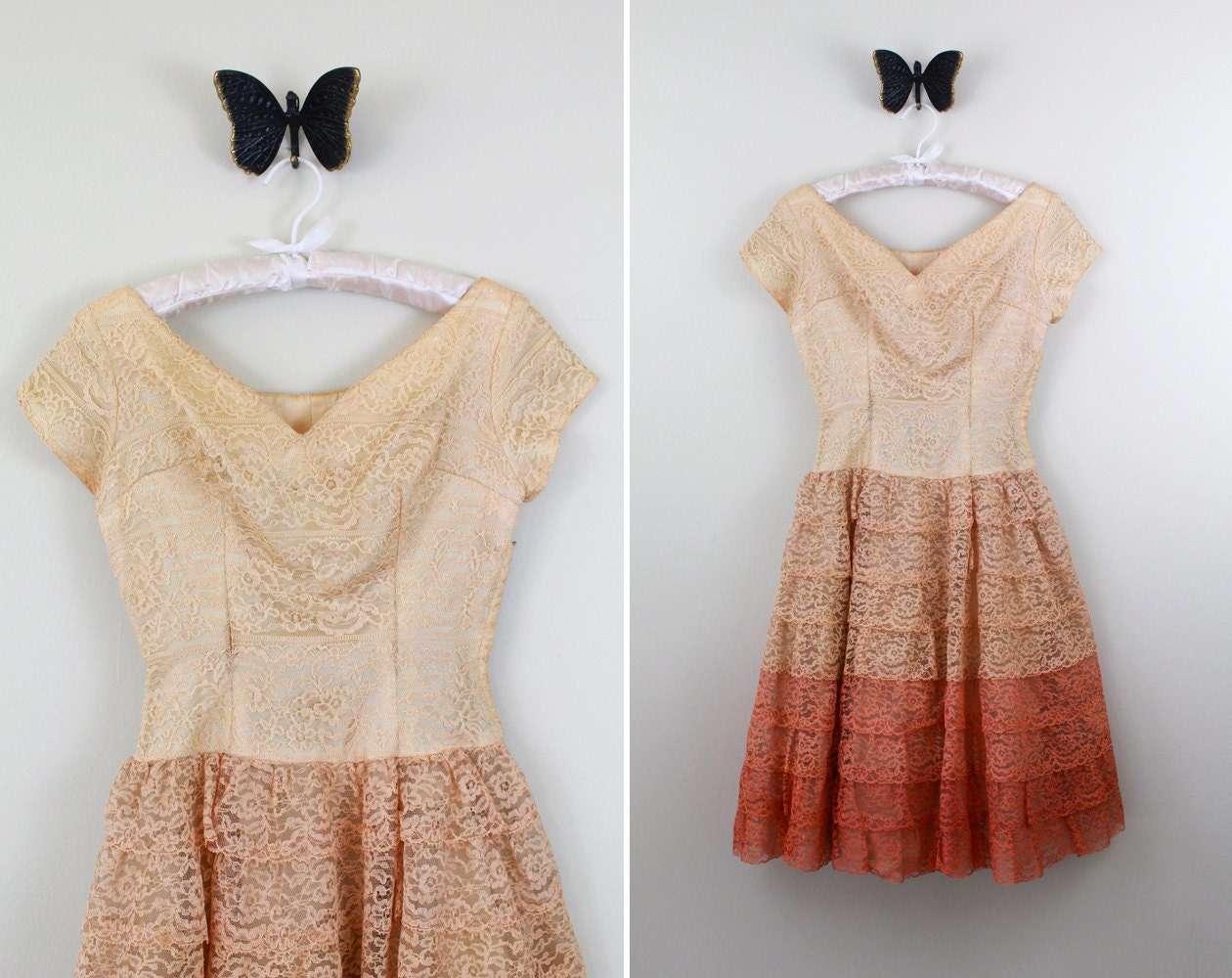 1950s dress / 50s dress / Cream and Rose Tiered Lace Dreamy Dreams Cupcake Dress
