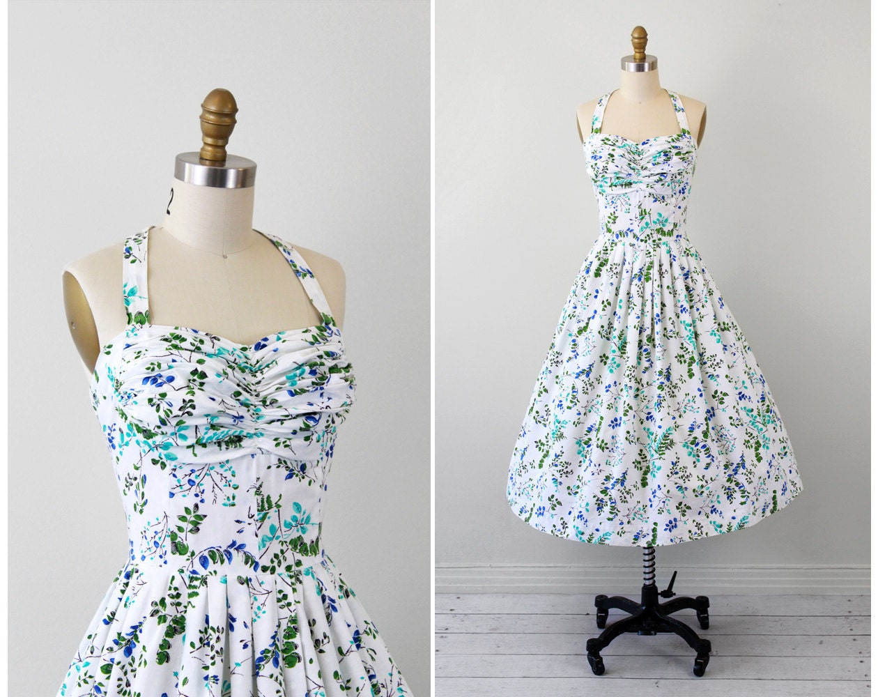 vintage 1950s dress / 50s floral dress / White, Blue, and Green Pinup Halter Dress