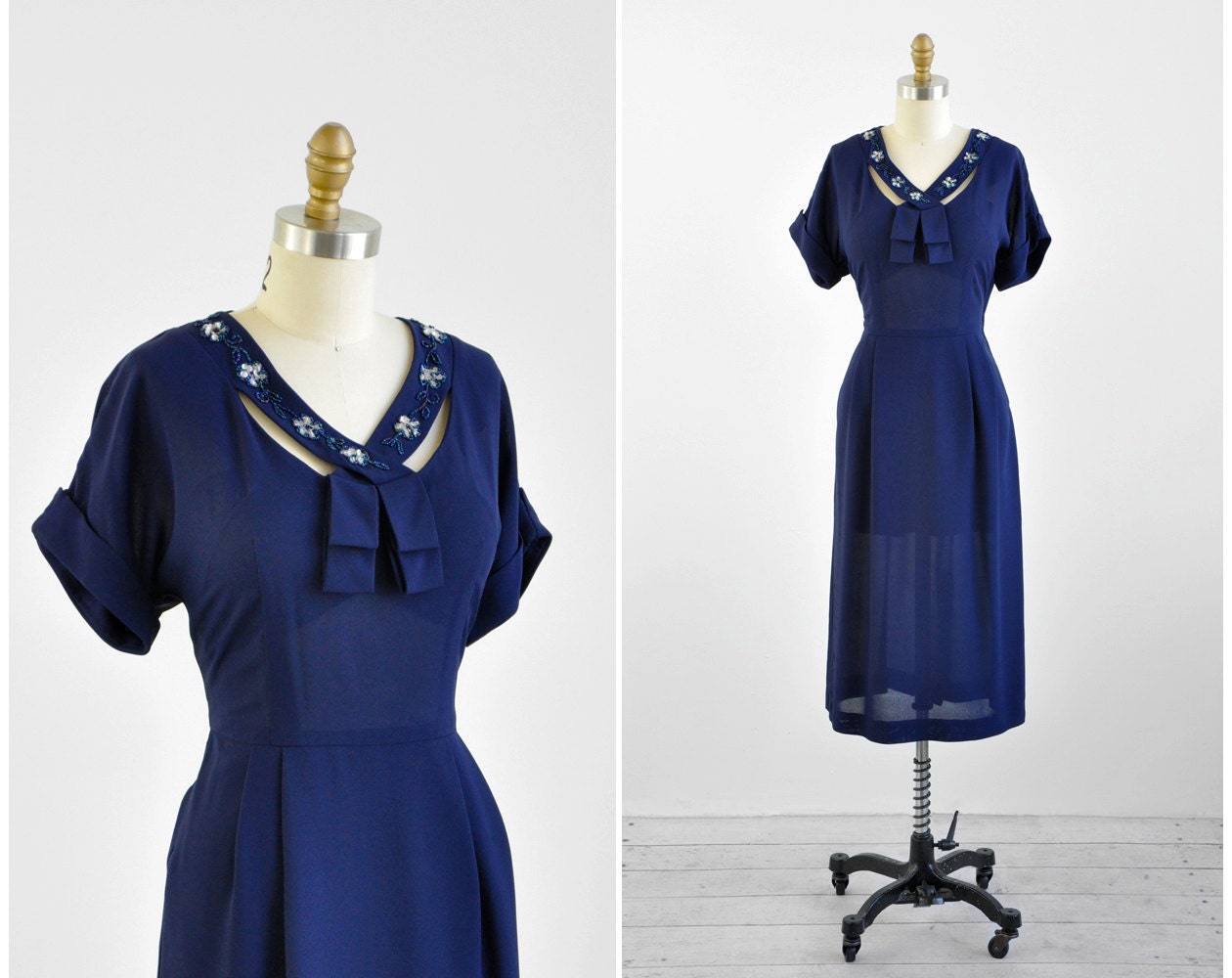 1940s dress / 40s dress / Navy Blue Dress with Beaded Crossover Collar