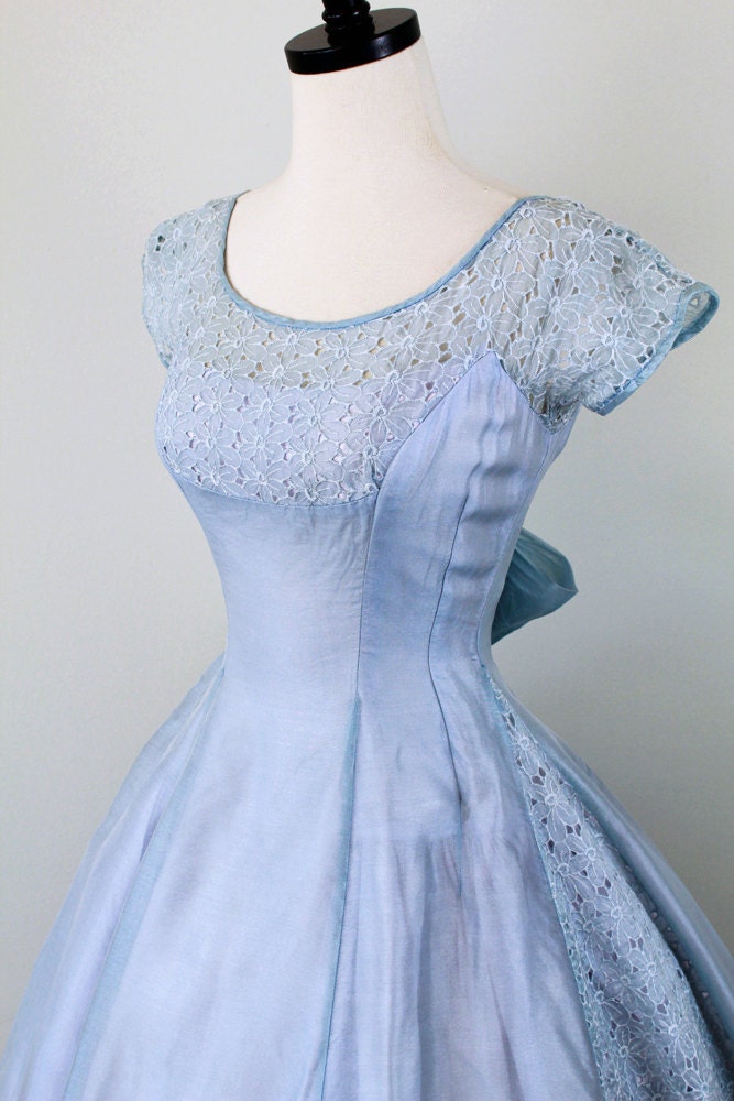 vintage 1950s 50s dress // Sky Blue and Lavender Cupcake Dress with Eyelet Panels and a Sweet Big Bow