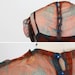 vintage 1930s dress / 30s dress / Teal, Brown, and Orange Feather Print Chiffon Dress with Crystal Blue Buttons