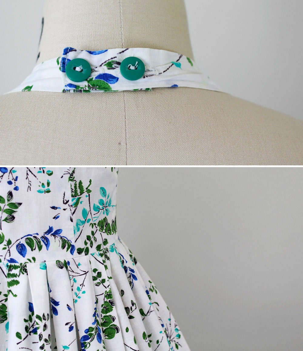 vintage 1950s dress / 50s floral dress / White, Blue, and Green Pinup Halter Dress