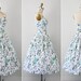 vintage 1950s dress / 50s floral dress / White, Blue, and Green Pinup Halter Dress