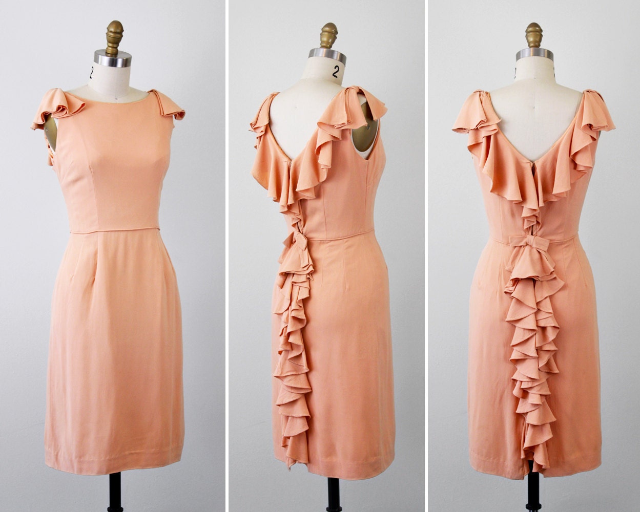 vintage 50s 60s dress // Peach Cocktail Dress with Dramatic Ruffle and Plunging Back