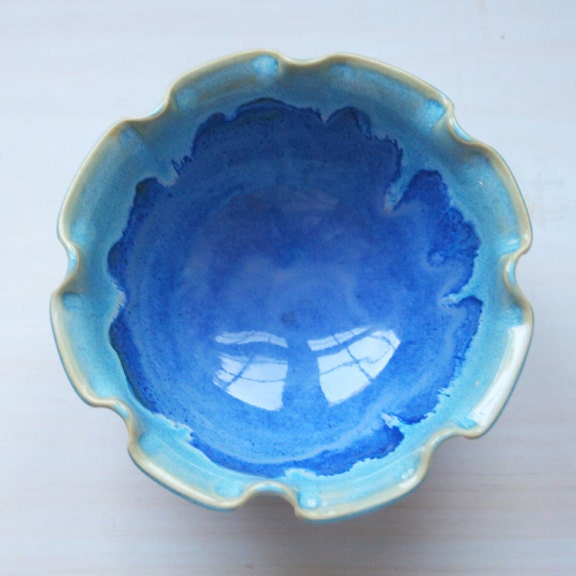 Serving Bowl with Ruffled Edges - Handmade Ceramic Blue Pottery Serving Bowl - sheilasart