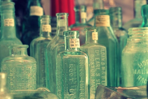 green vintage glass bottles horizontal 8x12 fine art photograph