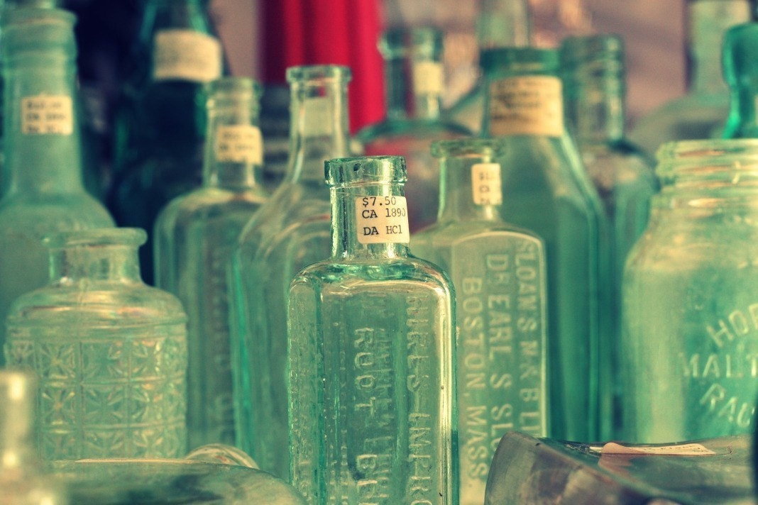 green vintage glass bottles horizontal 8x12 fine art photograph