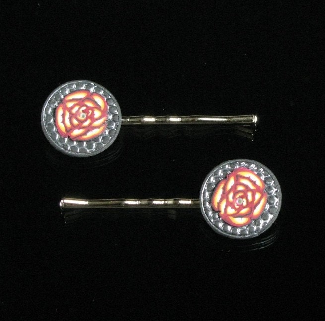 Handmade Floral Polymer Clay Hairpin Set - Gothic Roses