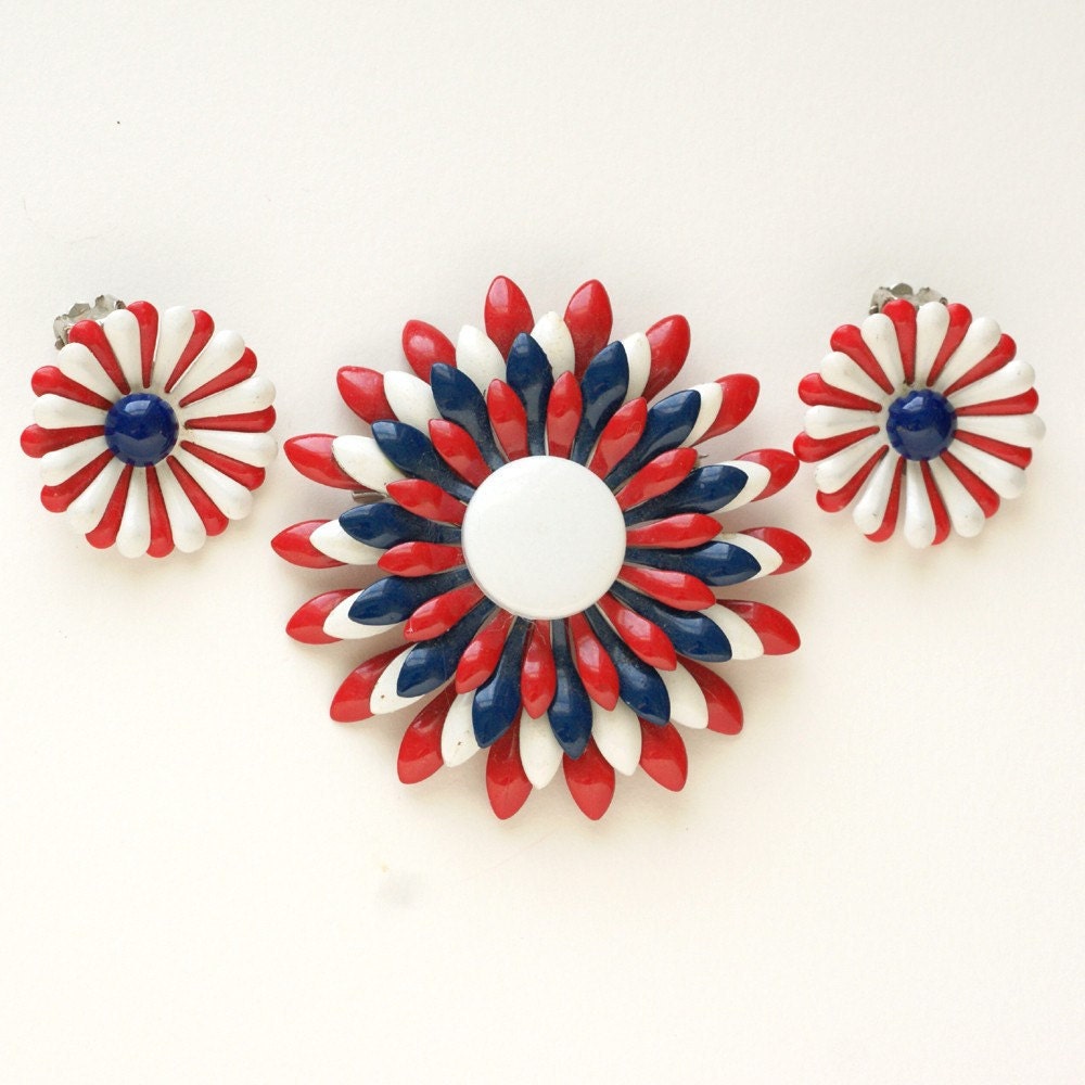 Vintage Enamel Flowers Brooch and Earrings Set  Red White and Blue Patriotic Colors Great for 4th of July