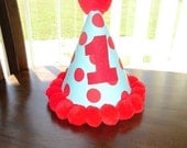 Infant/Toddler Boys 1st First birthday Aqua Red polka dot party hat