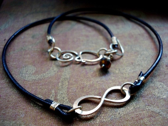 Infinity to Eternity Black Leather Unisex GOLD FILLED Necklace Artisan Clasp