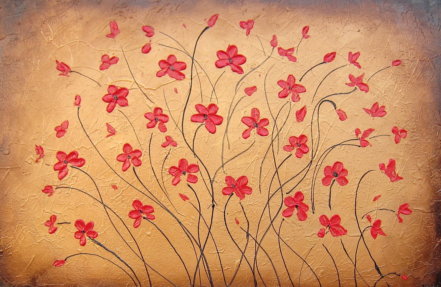 Original Large Abstract Fine Art on Canvas Textured Red Poppies on Gold Modern Palette Knife Painting Ready to Hang 36x24