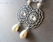 Oval Filigree and Swarovski Pearls and Rhinestone Bridal Earrings - antique silver