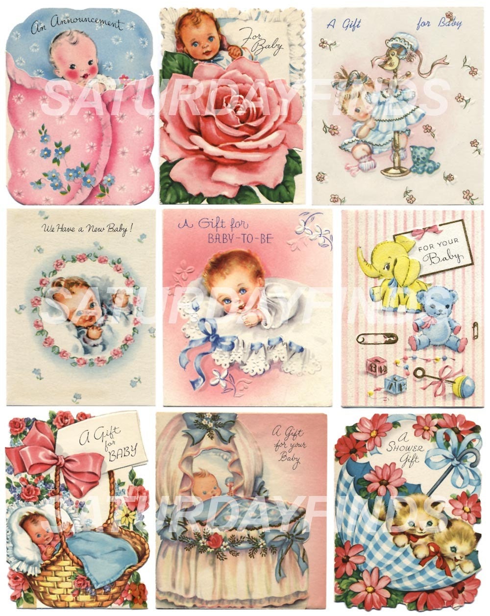 Vintage Greeting Card Baby Shower Small Cards No. 5 (of 5) Vintage Greeting Cards - Digital Collage Sheets E-mailed directly to you