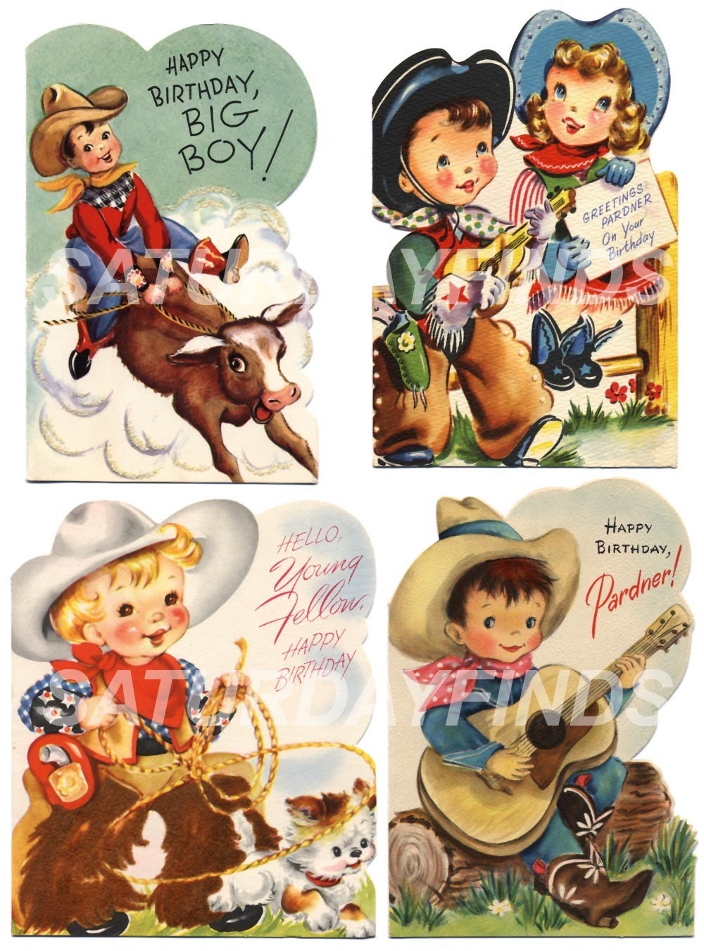 Birthday Cowboy No.1 (of 2) Vintage Greeting Cards - Digital Collage Sheet Instant Download