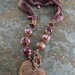 Valentine Heart Pendant Berry Fuchsia Antiqued Copper with Lampwork Glass Silk Ribbon Eggplant Pearls Crystal