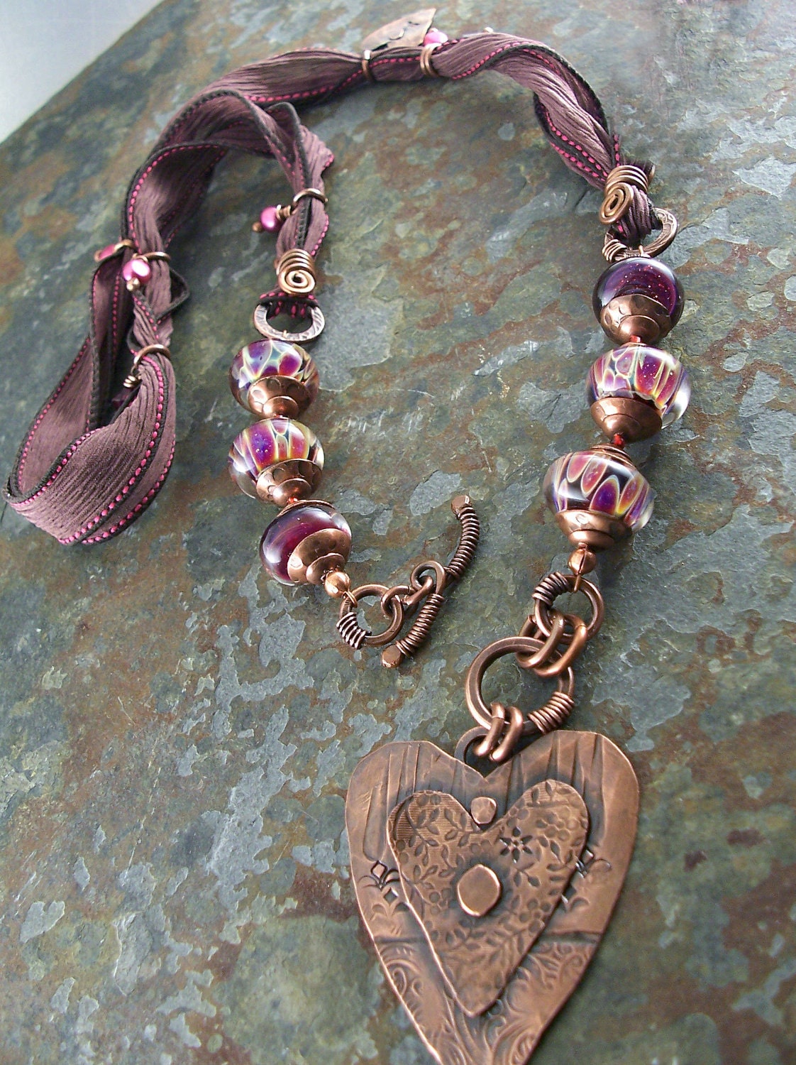 Valentine Heart Pendant Berry Fuchsia Antiqued Copper with Lampwork Glass Silk Ribbon Eggplant Pearls Crystal