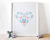 Owl Friends Screenprint, Woodland, Nursery Art