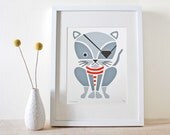 Pirate Kitty Screenprint, Nursery Art, Wall Art