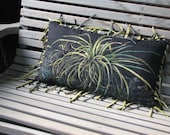 Black Pillow Green Grass Image Oblong with fabric tube fringe OOAK Art Pillow