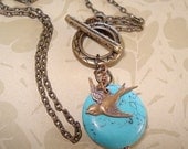 Bird Necklace Turquoise Lariat Necklace Coin stone with Toggle Clasp Summer Necklace