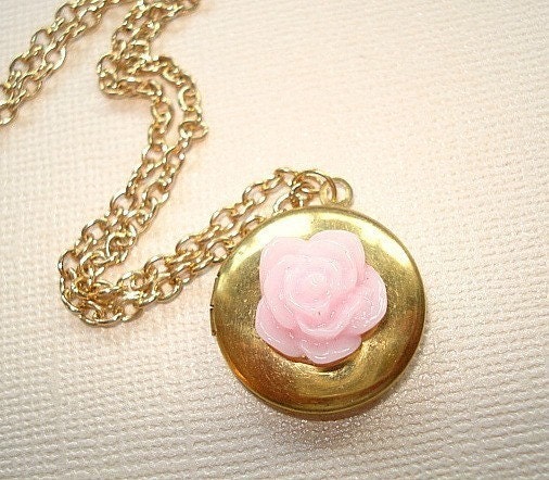Little Gold Locket Small Brass Locket, Gold Round Locket Pink Flower Rose Necklace Jewelry Romantic Locket Necklace