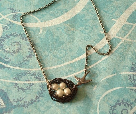 Nest Necklace with Bird, Pearls in Brass Mom Necklace Sister Friend The Four of Us Together Forever