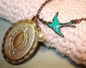 Blue Bird Locket Necklace Graduaion Necklace Jewelry, Vintage Style Brass Locket and Pearl Necklace Wedding