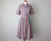 60s dress / pastel plaid cotton pleated (s - m)