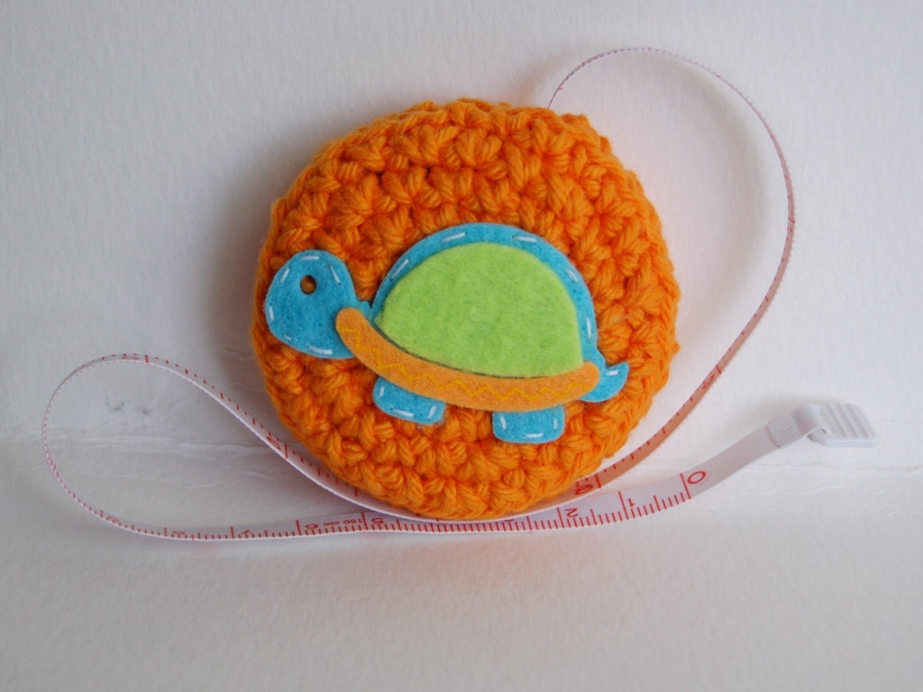 Turtle Tape Measure- Crochet and Felt Combination in Tangerine, Lime Green and Cornflower Blue