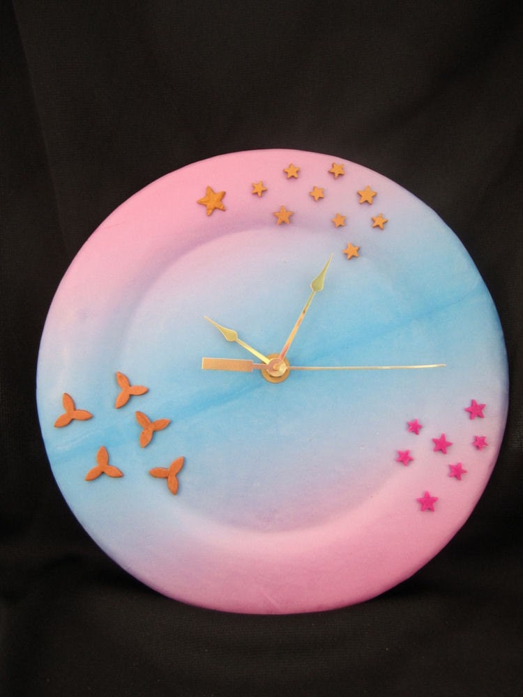 SALE - Wall Clock in Pink and Blue with Stars and Posies