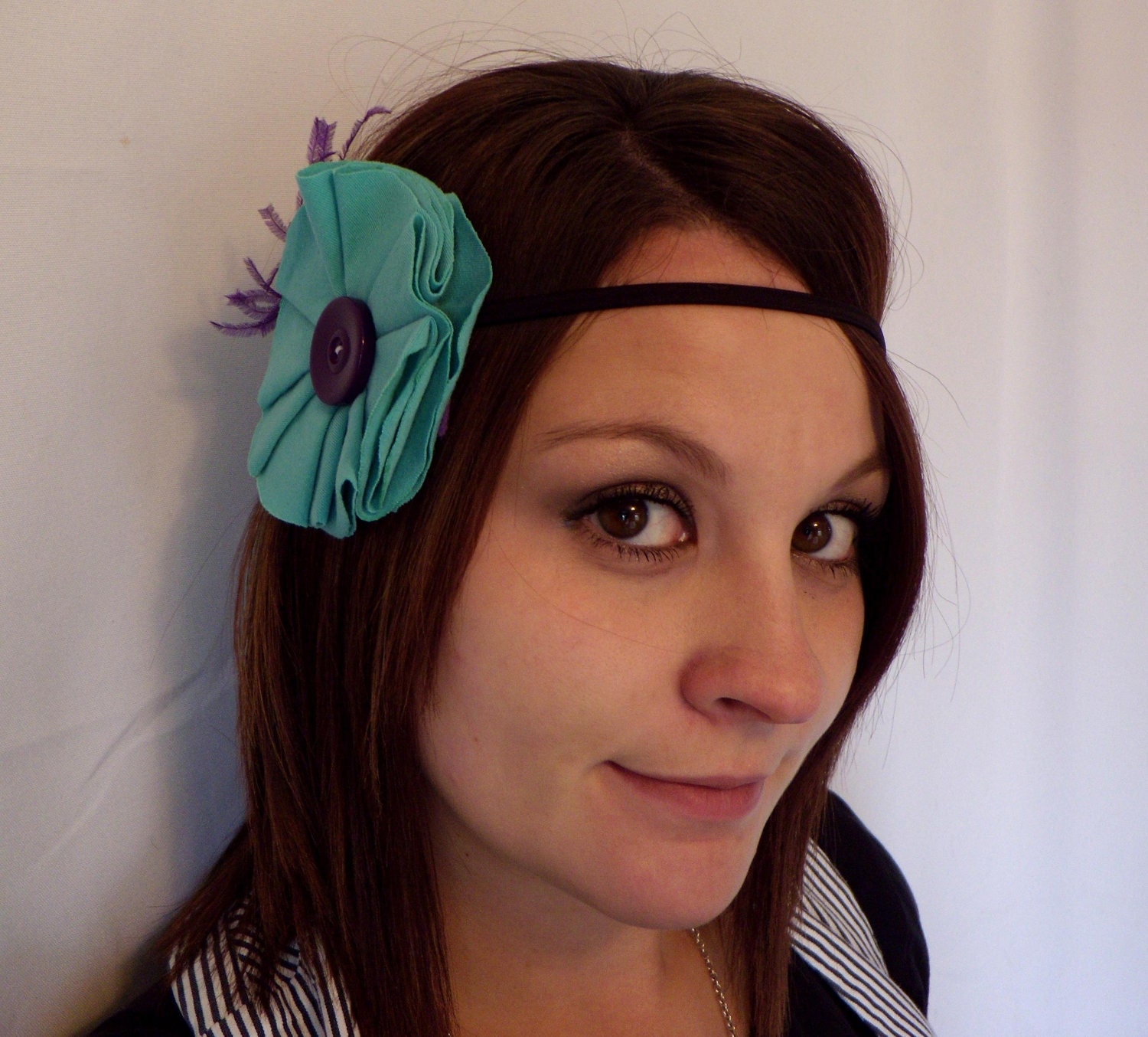 50% OFF LIQUIDATION SALE Aqua Purple Fabric Feather Stretch Headband