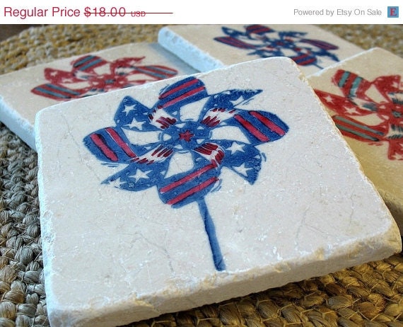 ON SALE Patriotic Pinwheel Tile Coasters, Set of 4