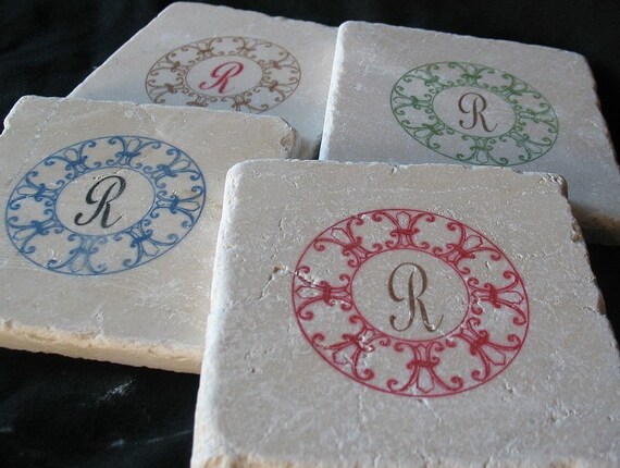 ON SALE Monogram Coasters, Red Fleur de Lis Circular, Set of 4