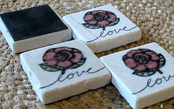 Antique Rose Love Tile Magnets, Set of 4, Ready to Ship