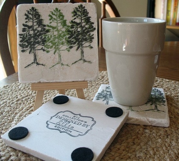 Pine Tree Tile Coasters, Set of 4, Ready to Ship