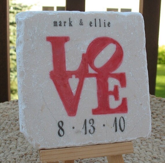 ON SALE Personalized Coasters, Red Love Statue Tile Coasters, Set of 4