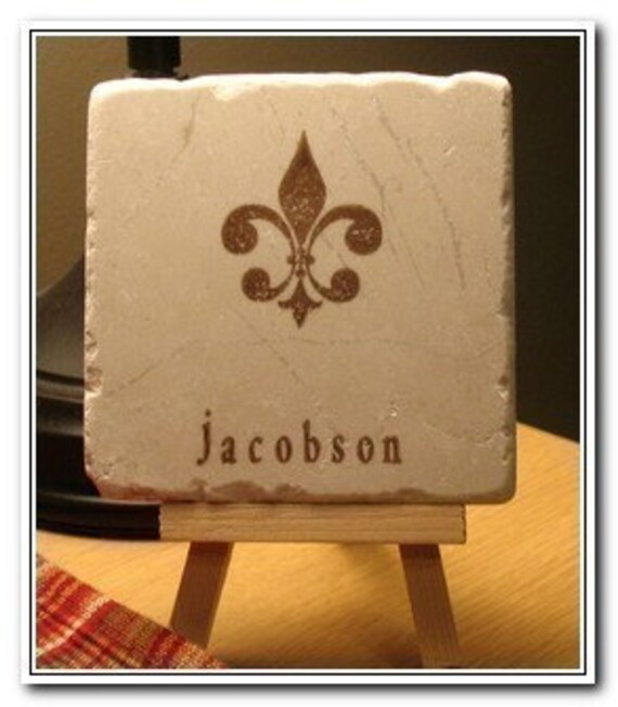Tile Drink Coasters, Personalized Fleur de Lis, Set of 4
