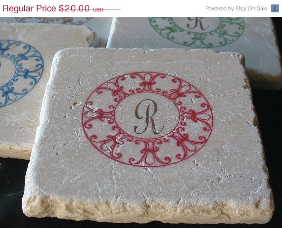 ON SALE Monogram Coasters, Red Fleur de Lis Circular, Set of 4
