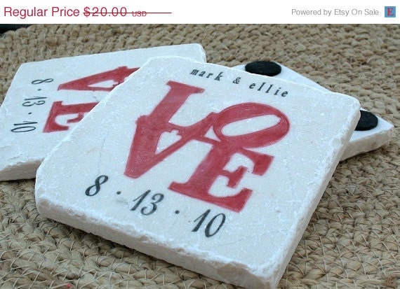 ON SALE Personalized Coasters, Red Love Statue Tile Coasters, Set of 4