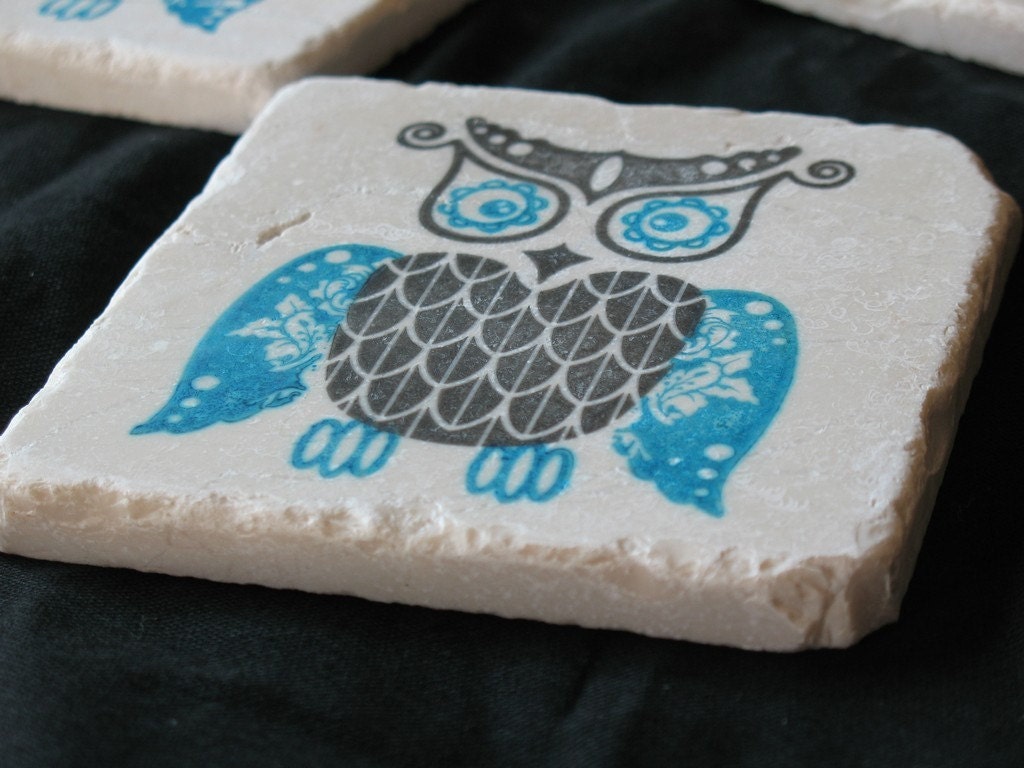 ON SALE Bold Owl Tile Coasters, Azure Blue and Black, Set of 4, Ready to Ship