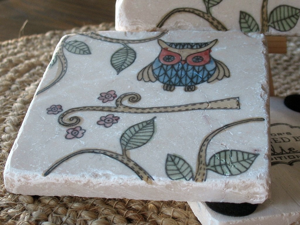 Woodland Whimsical Otis the Owl Absorbent Tile Coasters, Set of 4